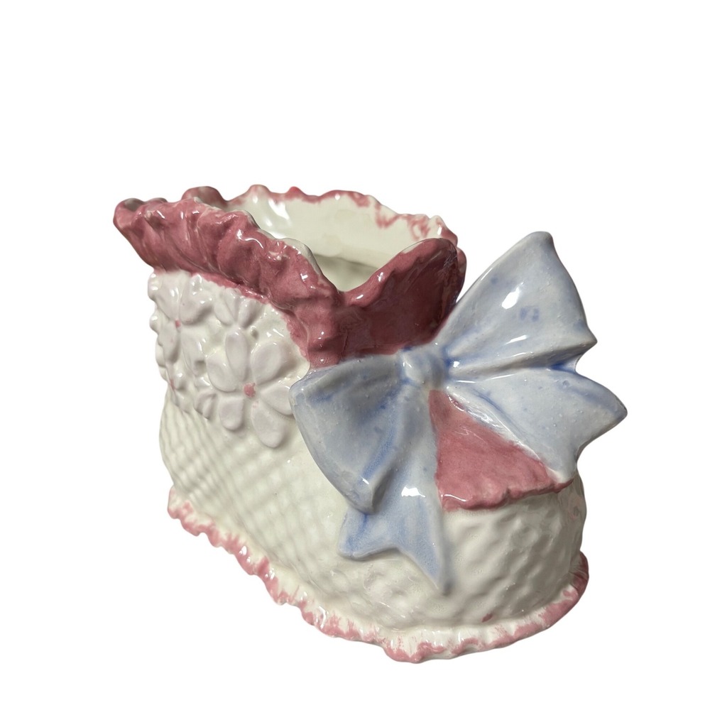 VTG Ceramic Baby Shoe Planter Pot Pink Blue Bow Floral Decor Nursery Decor